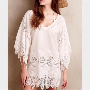 Eberjey white cover up tunic dress, 100% Cotton, wide 3/4 sleeve w.lace S/M